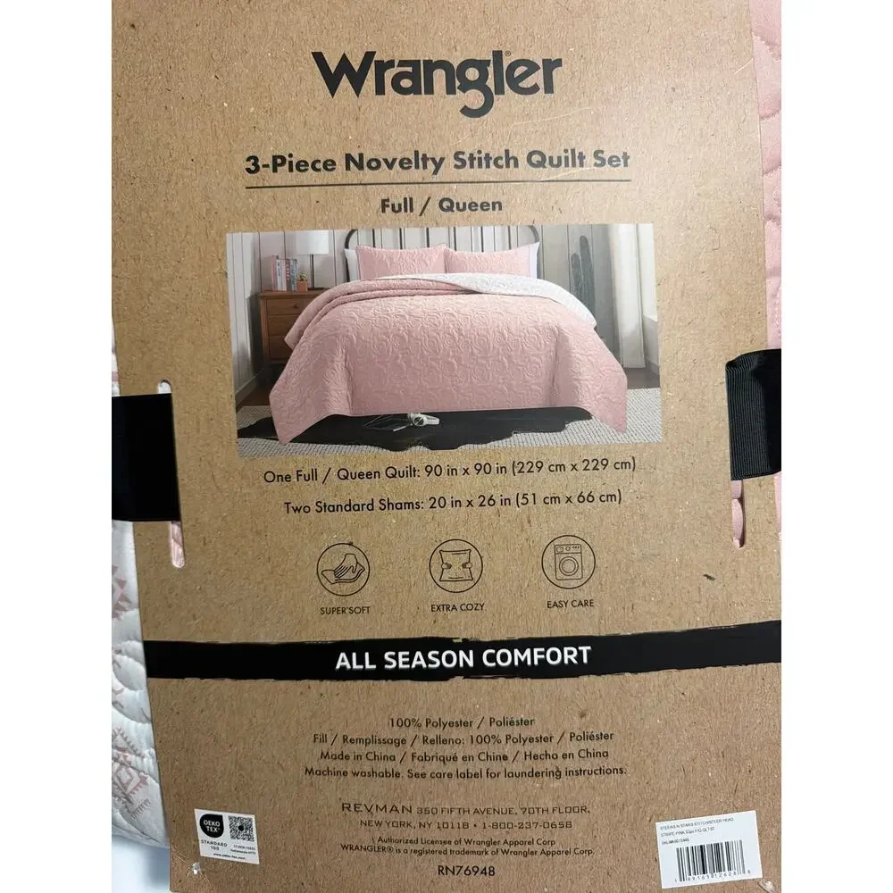 Wrangler 3-pc Western Stitch Quilt Set Steer Head/Aztec Pink & White Full/Queen